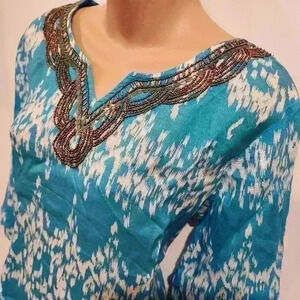 Chico's Teal Blue Bead Embellished Cropped Sleeve Top Tunic Blouse